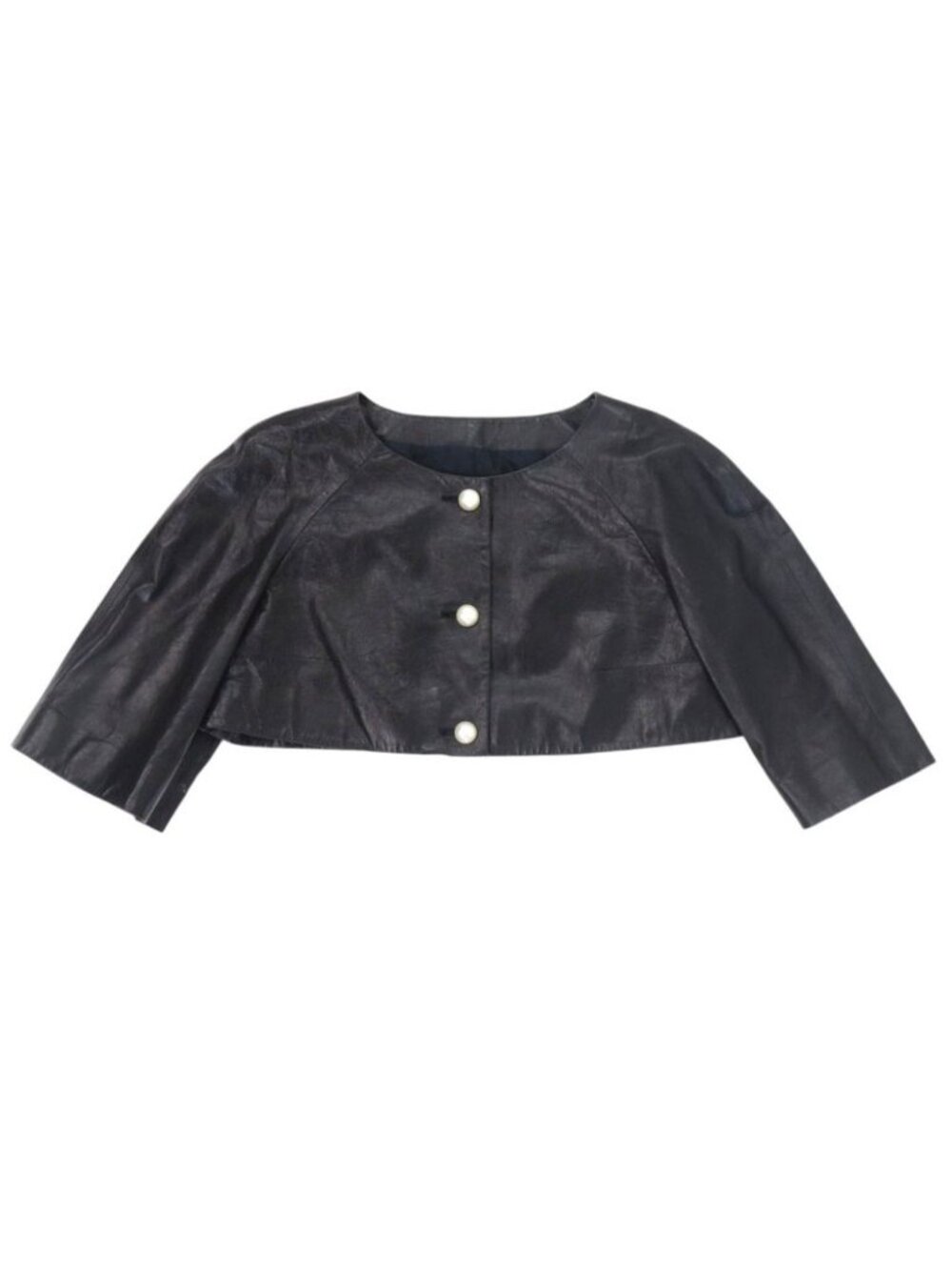 Chanel CC Logo Faux Pearl Button 40 Lambskin Black Short Length Leather Jacket